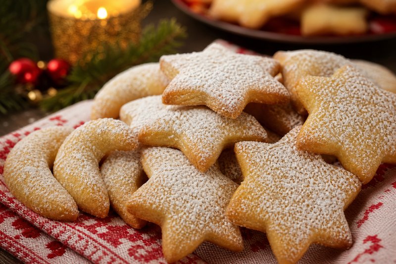 Frisch gebackene Weihnachtsplätzchen auf einem festlichen Tuch